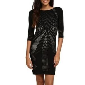 Calvin Klein Black Open Knit Cut Out Bodycon Dress Size M 3/4 Sleeve Cocktail